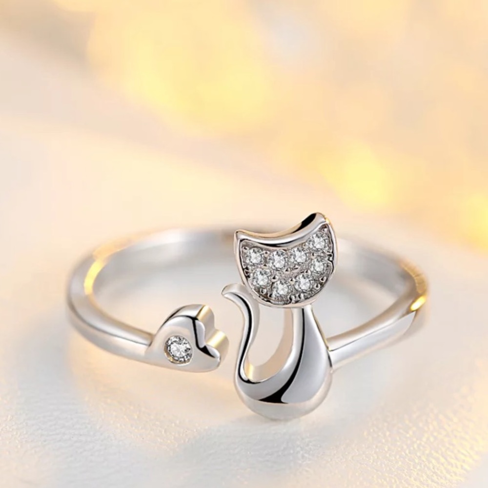 New Silver Kitty Heart Ring